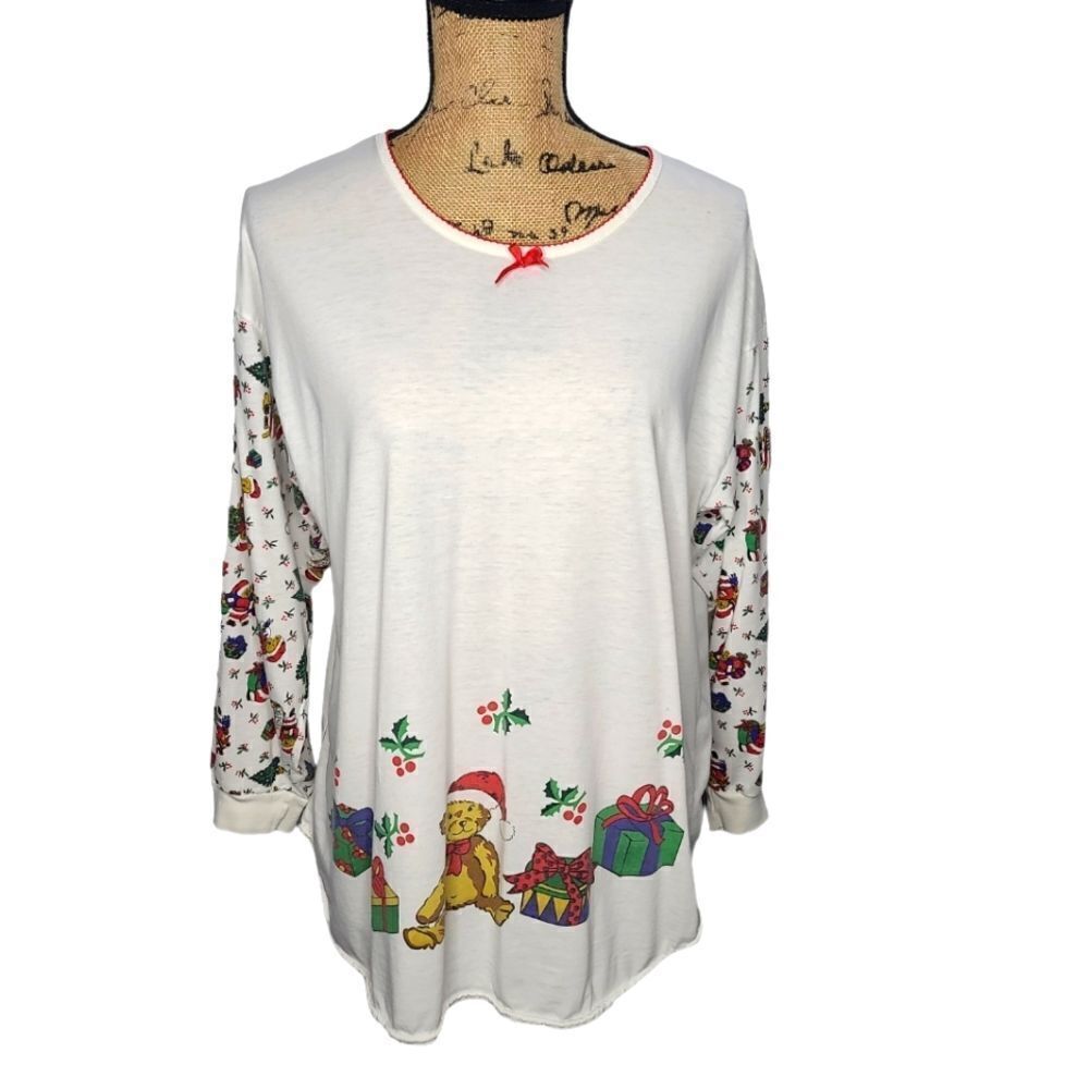 Vintage 80s Cute Teddy Bear Christmas Casual Cozy Long Sleeve Shirt Medium